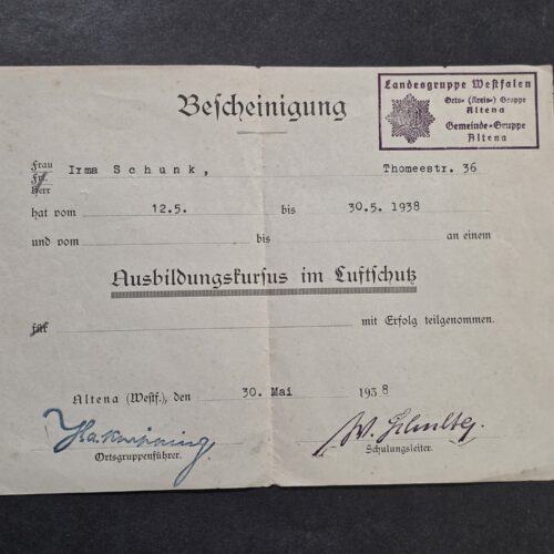 20260927_170528 1938 WW2 Nazi German RLB Luftschutz Air Raid Defense Training Certificate – Altena Westfalen