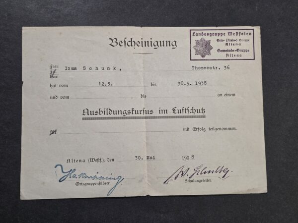 20260927_170528 1938 WW2 Nazi German RLB Luftschutz Air Raid Defense Training Certificate – Altena Westfalen
