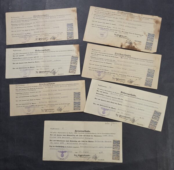 20260927_170604 Lot of 7 Third Reich 1936 Nazi German Civil Records Death Birth Marriage Certificates w Tax Revenue Stamps