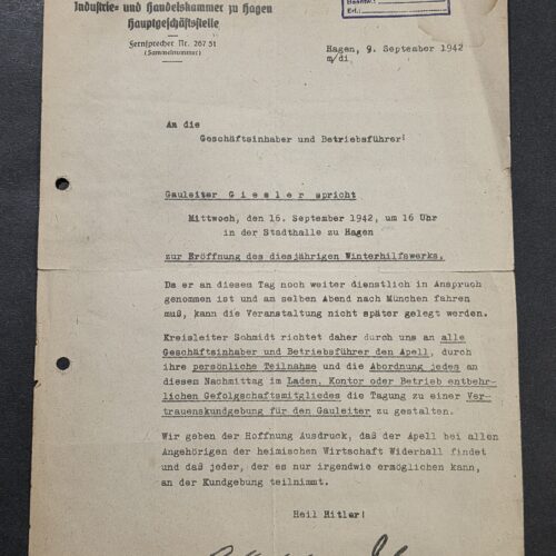 20260927_171142 1942 WW2 Nazi German Gauleiter Giesler Speech WHW Winterhilfswerk Hagen Signed Document Heil Hitler!