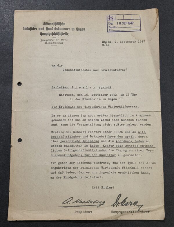 20260927_171142 1942 WW2 Nazi German Gauleiter Giesler Speech WHW Winterhilfswerk Hagen Signed Document Heil Hitler!
