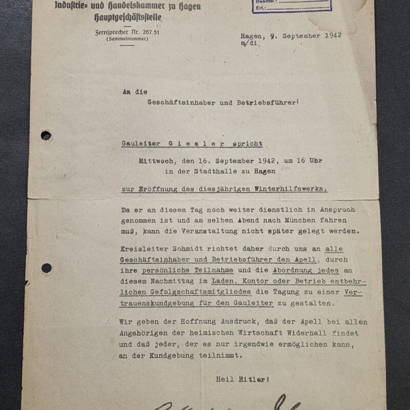 20260927_171142 1942 WW2 Nazi German Gauleiter Giesler Speech WHW Winterhilfswerk Hagen Signed Document Heil Hitler!