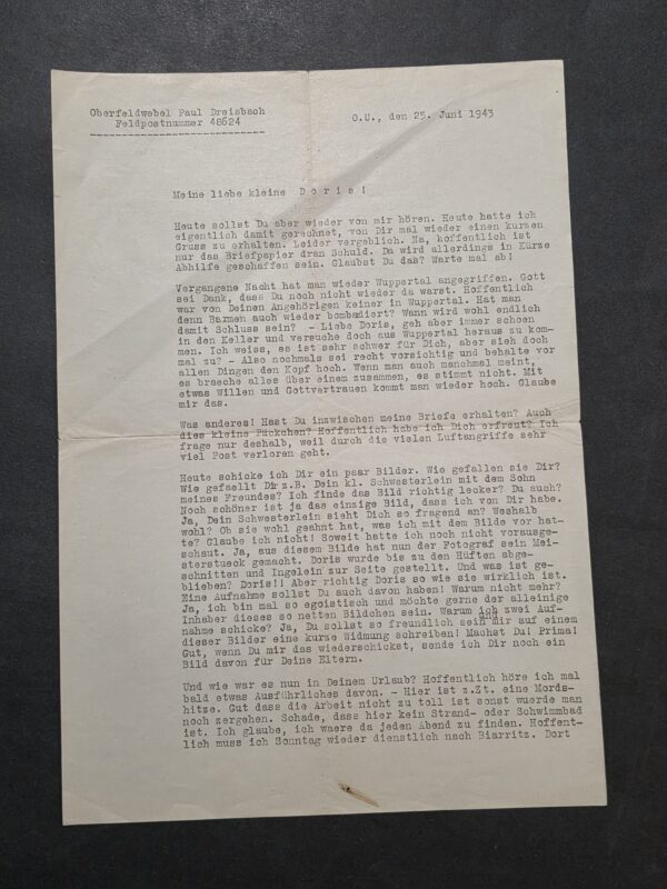 WWII German Soldiers Military Feldpost Letter 1943 Wuppertal Bombing Air Raid