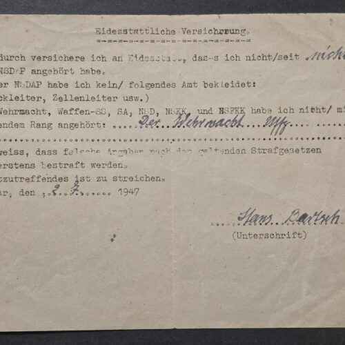 20260930_125331 1947 German Denazification Affidavit Document Wehrmacht Officer NCO Hans Bartsch – Weimar