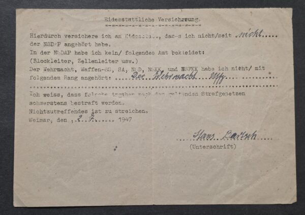 20260930_125331 1947 German Denazification Affidavit Document Wehrmacht Officer NCO Hans Bartsch – Weimar