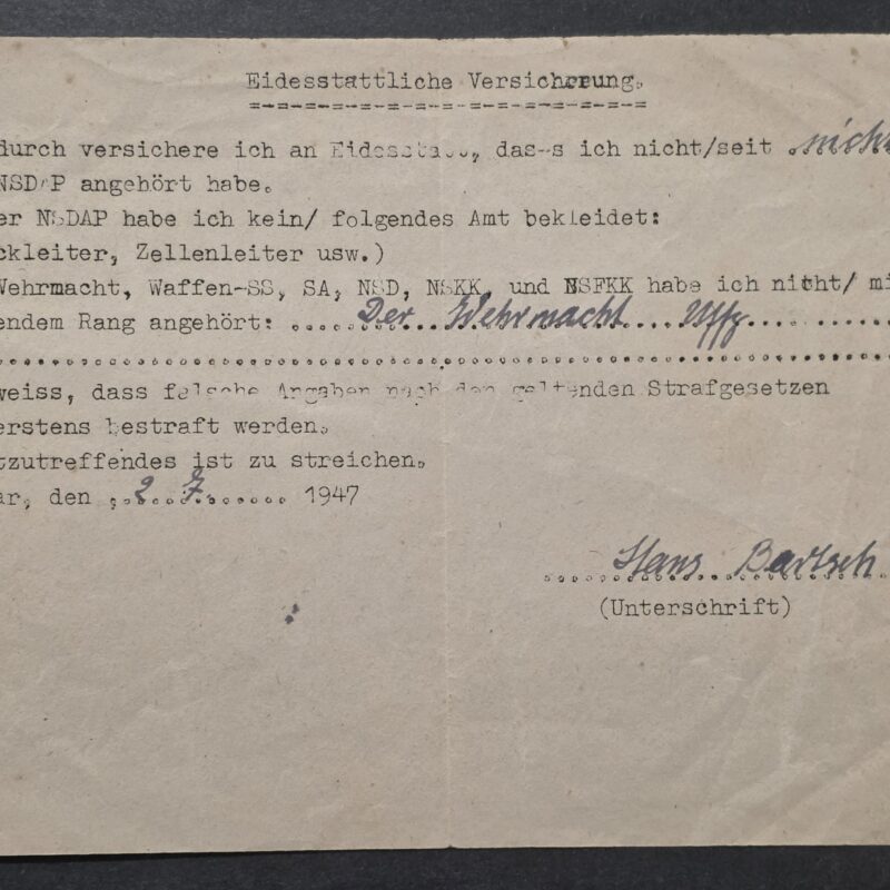 20260930_125331 1947 German Denazification Affidavit Document Wehrmacht Officer NCO Hans Bartsch – Weimar