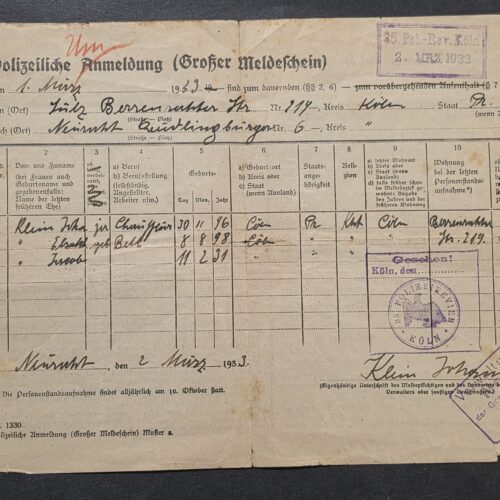 1933 Nazi German Third Reich Polizei Police Registration Form Document Cologne Köln Family