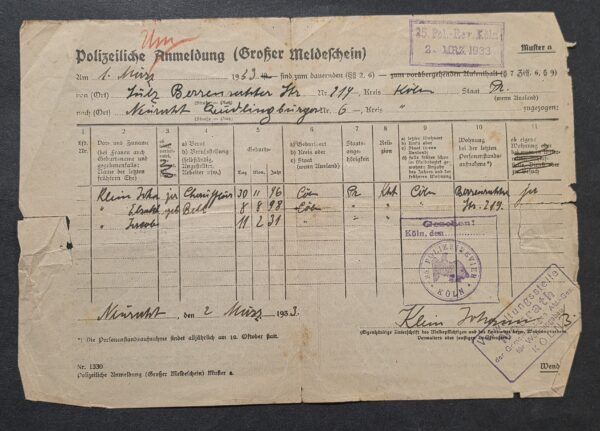 1933 Nazi German Third Reich Polizei Police Registration Form Document Cologne Köln Family