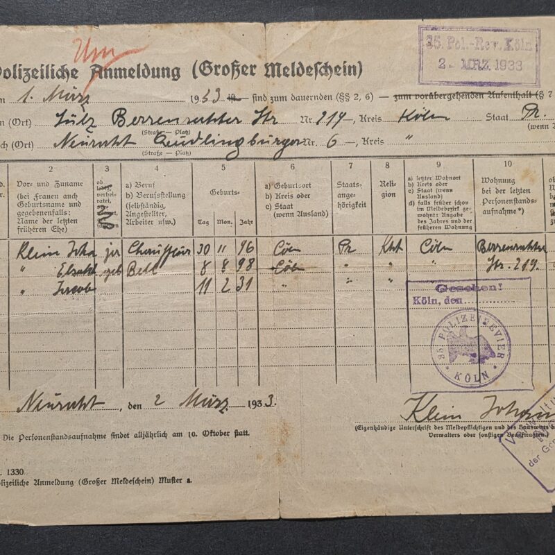 20260930_125437 1933 Nazi German Third Reich Polizei Police Registration Form Document Cologne Köln Family