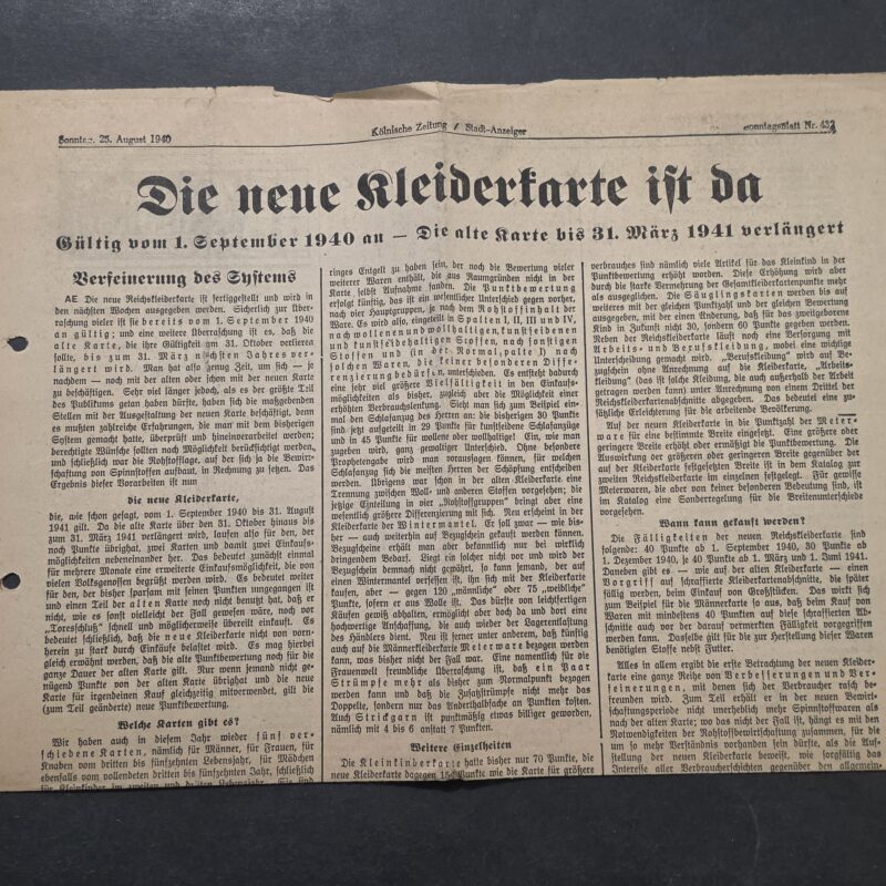 WW2 1940 Nazi German Third Reich Clothing Ration Card Newspaper Supplement Kölner Zeitung