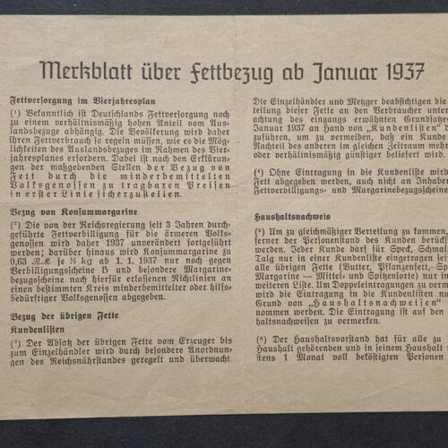 1937 Nazi German Third reich Fat Rationing Document Sheet Four Year Plan Household Food Control
