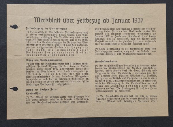 1937 Nazi German Third reich Fat Rationing Document Sheet Four Year Plan Household Food Control