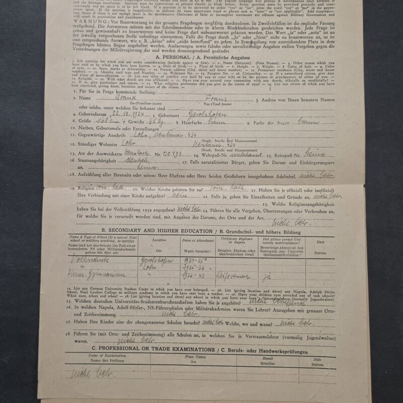 20260930_125902 WW2 1948 Allied Military Government Germany Questionnaire Document Wehrmacht Soldier NSDAP & HJ Membership