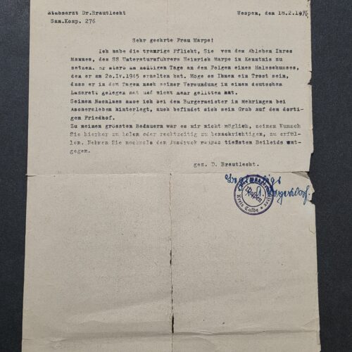 20260930_131138 SS KIA RARE! WW2 German 1946 SS Untersturmführer Heinrich Marpe Death Letter – April 1945 Gunshot Wound