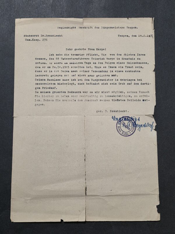20260930_131138 SS KIA RARE! WW2 German 1946 SS Untersturmführer Heinrich Marpe Death Letter – April 1945 Gunshot Wound