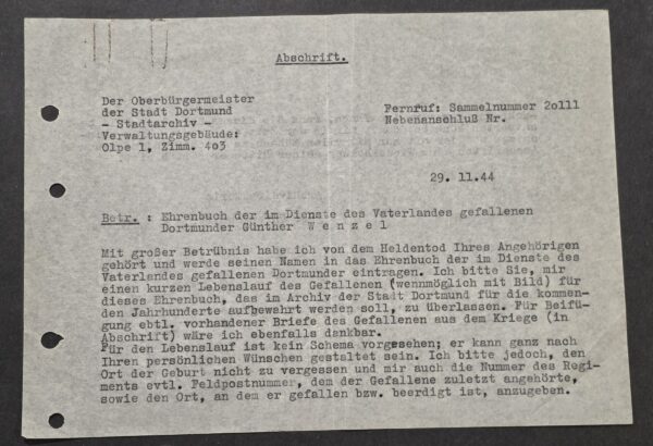 KIA WWII German Fallen Soldier Military War Heroes Memorial Book Document 1944