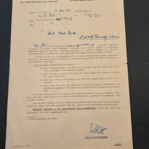 ft1 1944 WW2 German Luftwaffe Officer Candidate Letter Fliegertruppe RAD Army Document