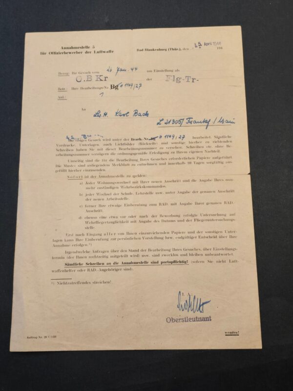 ft1 1944 WW2 German Luftwaffe Officer Candidate Letter Fliegertruppe RAD Army Document