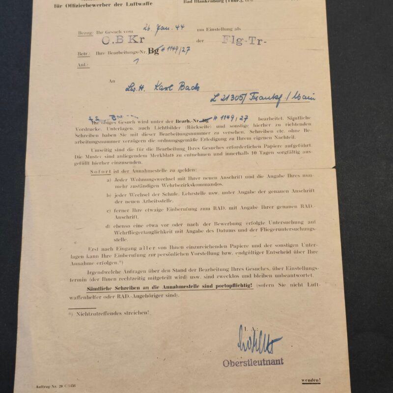 ft1 1944 WW2 German Luftwaffe Officer Candidate Letter Fliegertruppe RAD Army Document