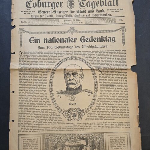 hg1 1915 Coburger Tageblatt WWI Newspaper Bismarck 100th Birthday Death Notices