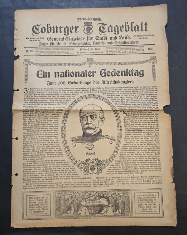 hg1 1915 Coburger Tageblatt WWI Newspaper Bismarck 100th Birthday Death Notices