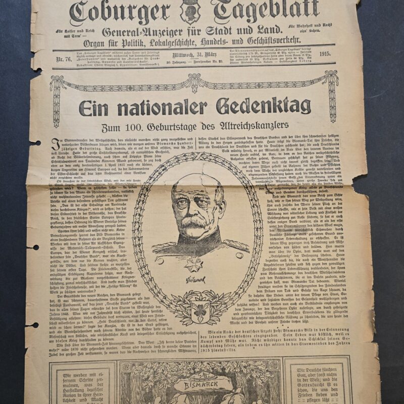 1915 Coburger Tageblatt WWI Newspaper Bismarck 100th Birthday Death Notices