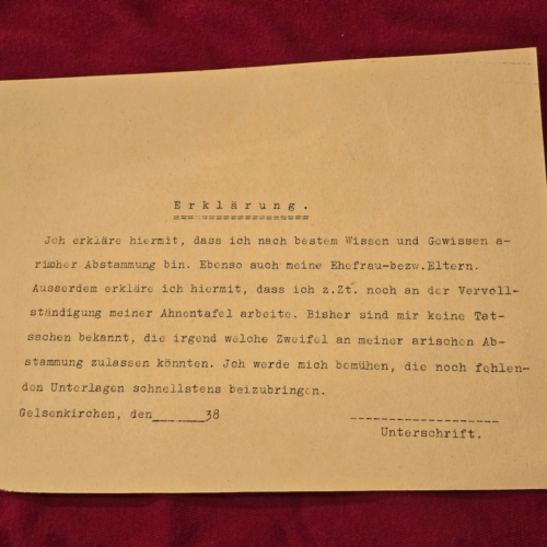q1 1938 Third Reich Nazi German Family Tree Ancestry Proof of Aryan Race Declaration Document