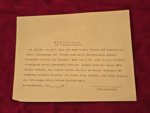 q1 1938 Third Reich Nazi German Family Tree Ancestry Proof of Aryan Race Declaration Document