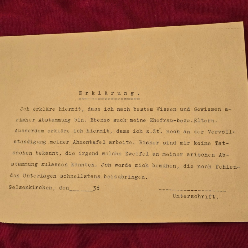 q1 1938 Third Reich Nazi German Family Tree Ancestry Proof of Aryan Race Declaration Document
