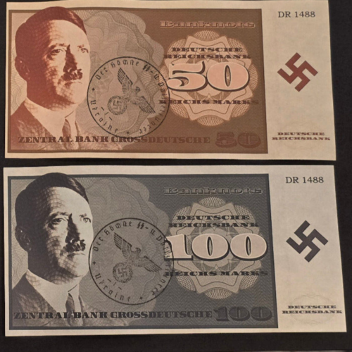WWII German Fantasy Reichsmark Currency Set Adolf Hitler 2 Banknotes