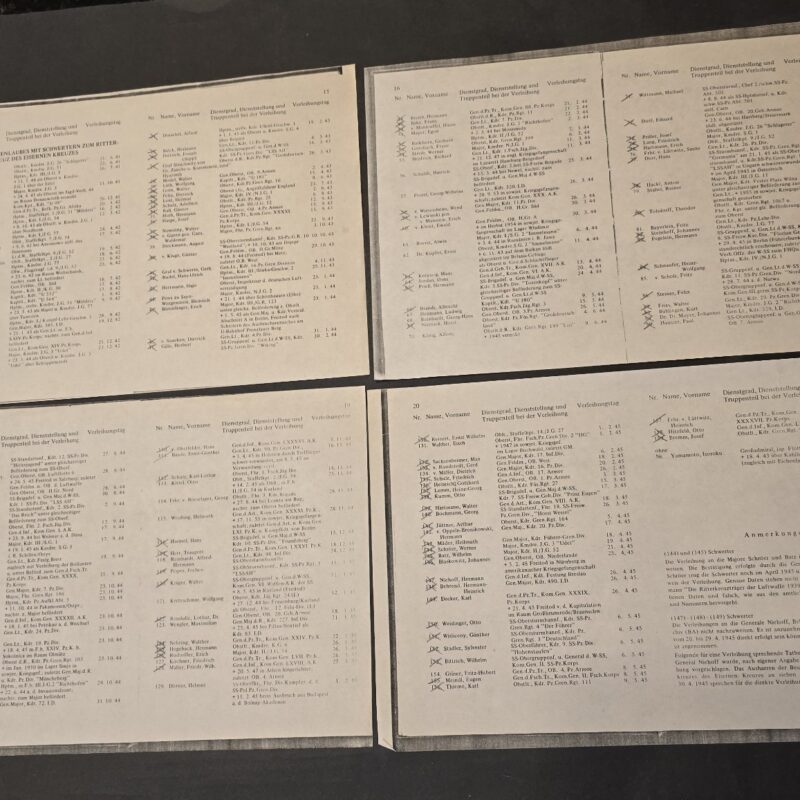 sss1 WWII German SS Totenkopf + Das Reich Panzer Divisions & Military Generals Award Lists x 4 w/ Names Knights Cross Holders