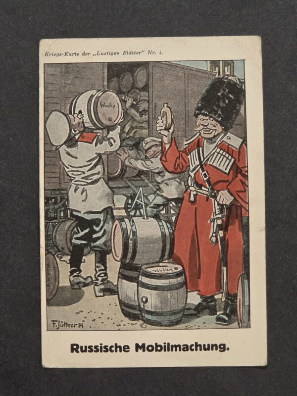 20261001_131402 WWI German 1914 Postcard Drunk Russian Soldiers w Vodka Mobilization Jäger