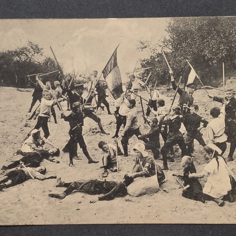 20261001_131517 WWI German Red Cross Charity Postcard Children Mock Battle w Flags Feldpost 1916