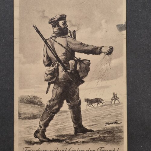 WWI Imperial German 1916 Charity Postcard Armed Soldier Farming Behind Front
