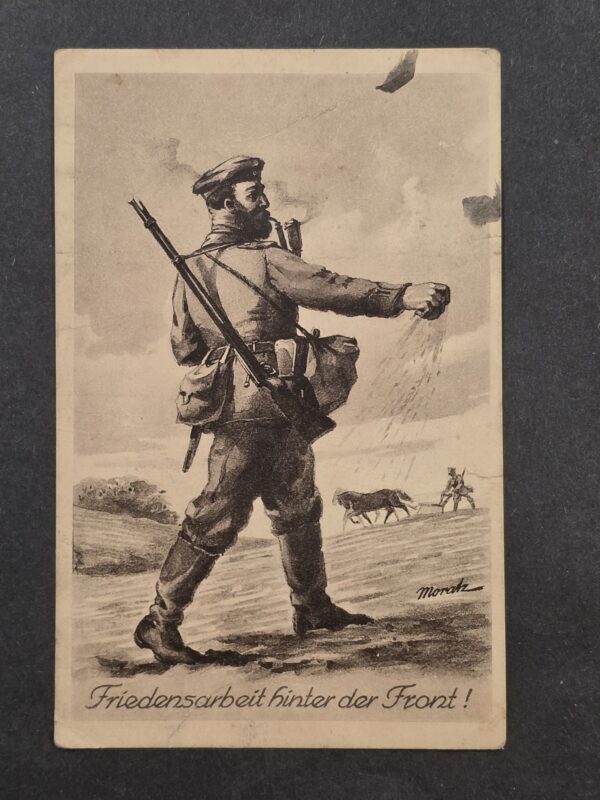 WWI Imperial German 1916 Charity Postcard Armed Soldier Farming Behind Front