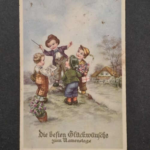 20261001_132236 WWII German 1940 Name Day Postcard Children 6 Pf Hindenburg Stamp