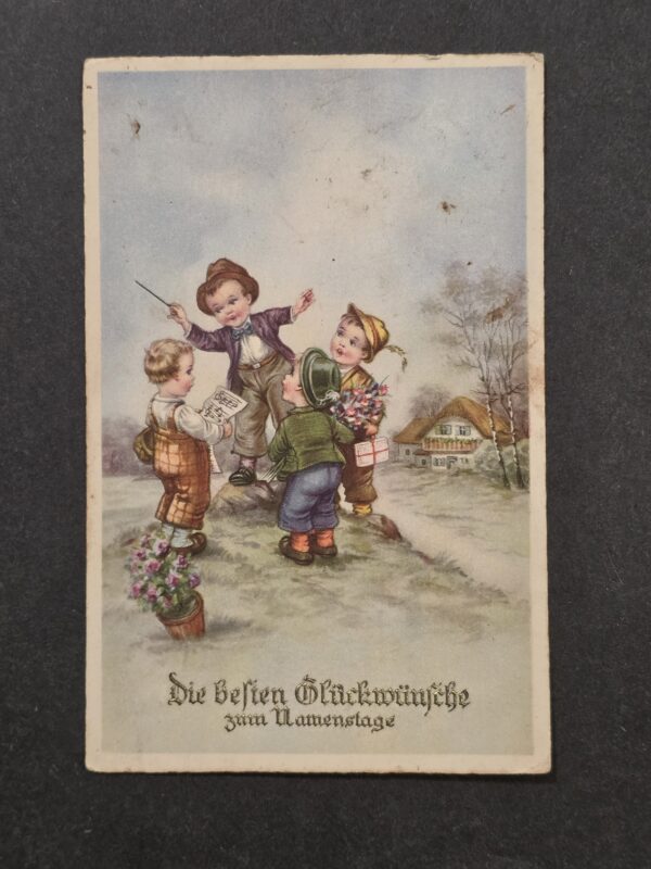 20261001_132236 WWII German 1940 Name Day Postcard Children 6 Pf Hindenburg Stamp