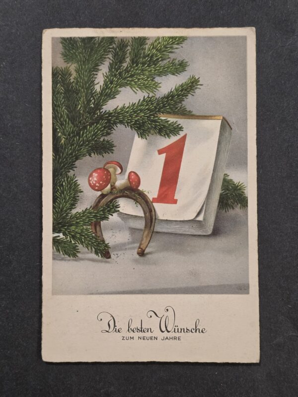 20261001_132253 WWII Nazi German Third Reich 1940 New Year Best Wishes Postcard Lucky Horseshoe Mushrooms