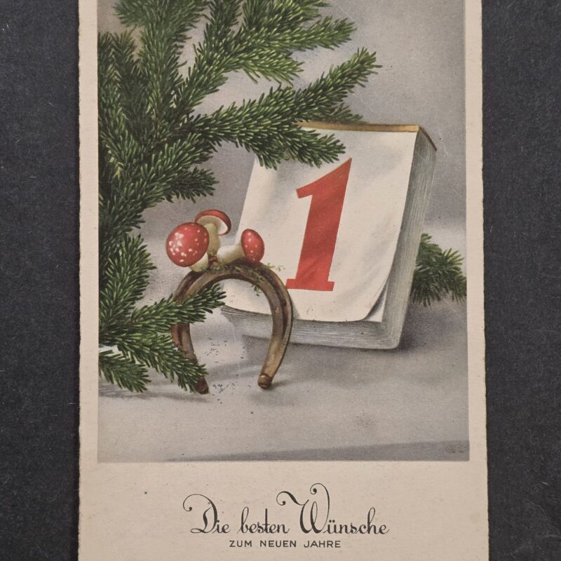 20261001_132253 WWII Nazi German Third Reich 1940 New Year Best Wishes Postcard Lucky Horseshoe Mushrooms