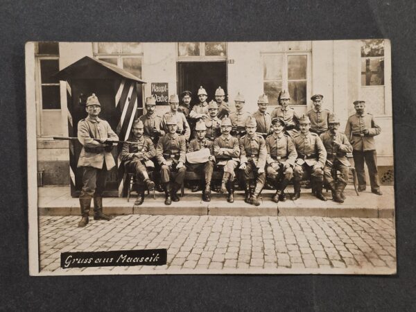 20261001_132329 WWI Imperial German Soldier Photo Postcard Belgium Main Guard Pickelhaube Spike Helmets