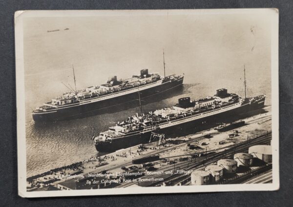 20261001_133147 WW2 Era German Postcard SS Bremen Europa Ocean Liners Bremerhaven Columbus Quay