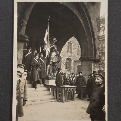 20261001_133218 WWI 1916 Dortmund Postcard German Students Org Group w Medieval Knight Statue