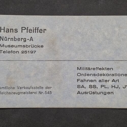 WW2 Nazi German Third Reich RZM Business Card Hans Pfeiffer Nürnberg SA SS HJ Militaria