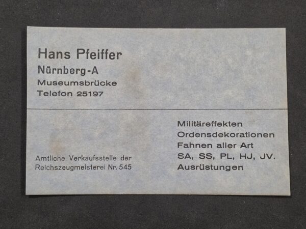 WW2 Nazi German Third Reich RZM Business Card Hans Pfeiffer Nürnberg SA SS HJ Militaria