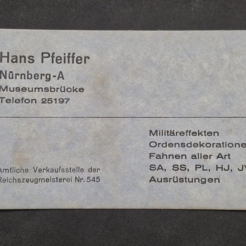 20261006_145906 WW2 Nazi German Third Reich RZM Business Card Hans Pfeiffer Nürnberg SA SS HJ Militaria