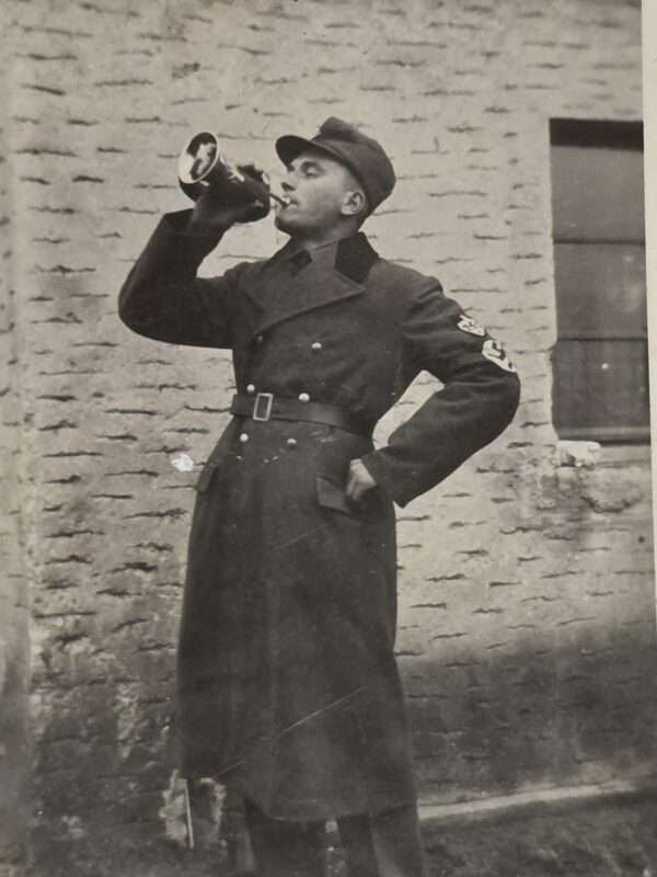 WWII WW2 German RAD Soldier Blowing Signal Horn Swastika Armband Uniform Photo