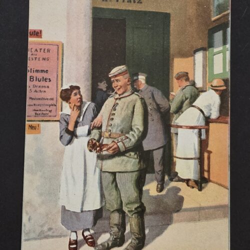 WW1 Imperial German Military Humor Postcard Soldier Nurse Barbed Wire 1914