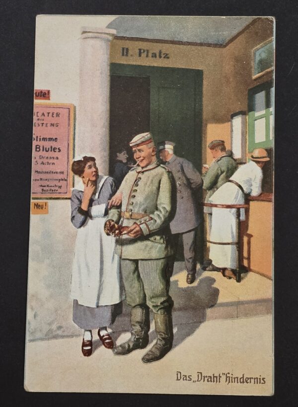 WW1 Imperial German Military Humor Postcard Soldier Nurse Barbed Wire 1914