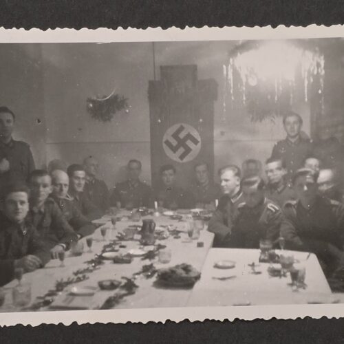 WW2 German Military Photo Wehrmacht Officers at Christmas w Swastika Flag Banner