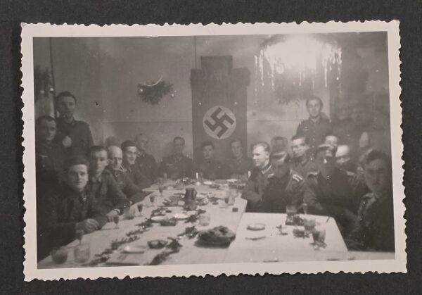 WW2 German Military Photo Wehrmacht Officers at Christmas w Swastika Flag Banner